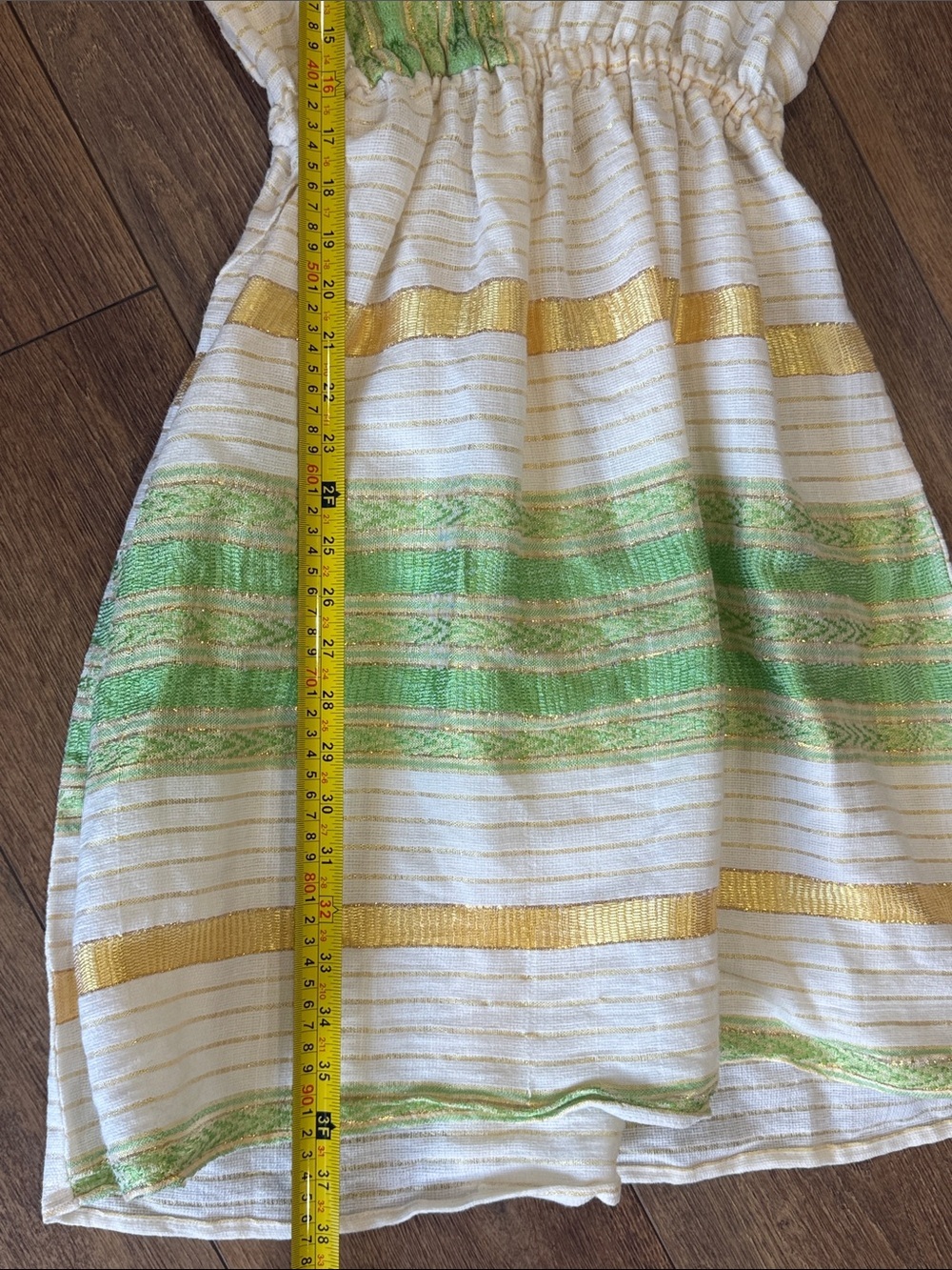 Ethiopian Dress. Cream Dress with Green & Gold Stripes - Picture 5 of 8
